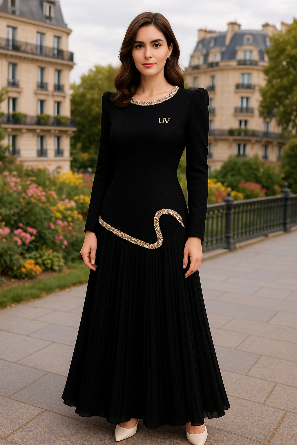 UV ATELIER Elegant Sequin Patchwork Pleated Dress