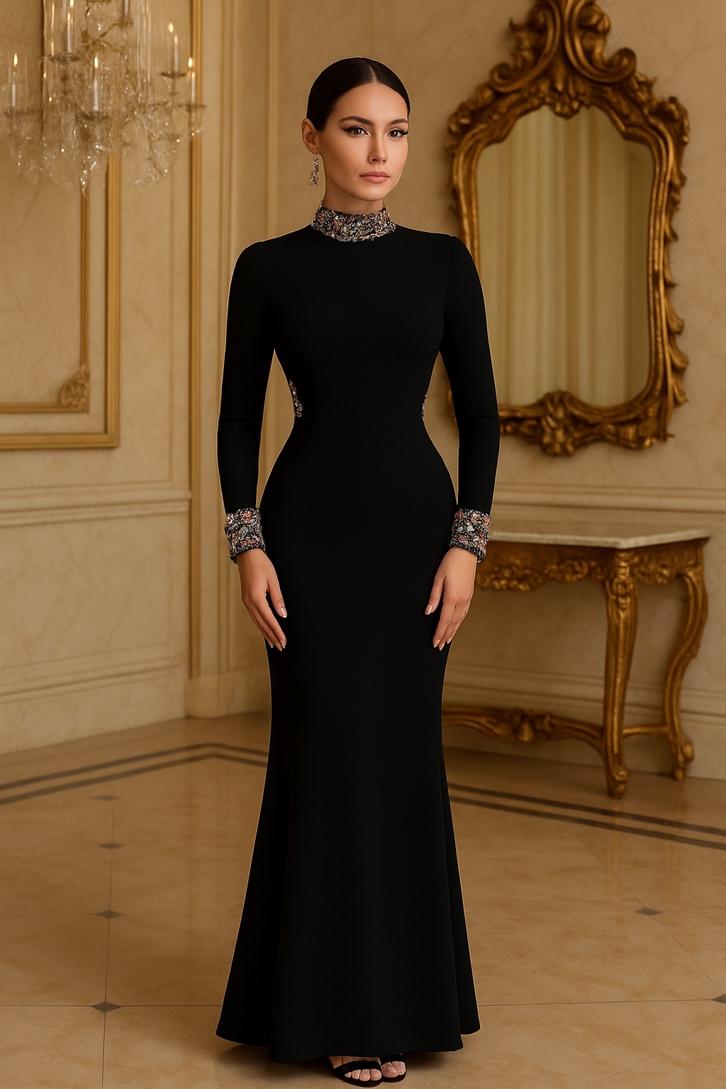 UV Atelier – Black Luxury Diamond & Pearl Embellished Evening Dress