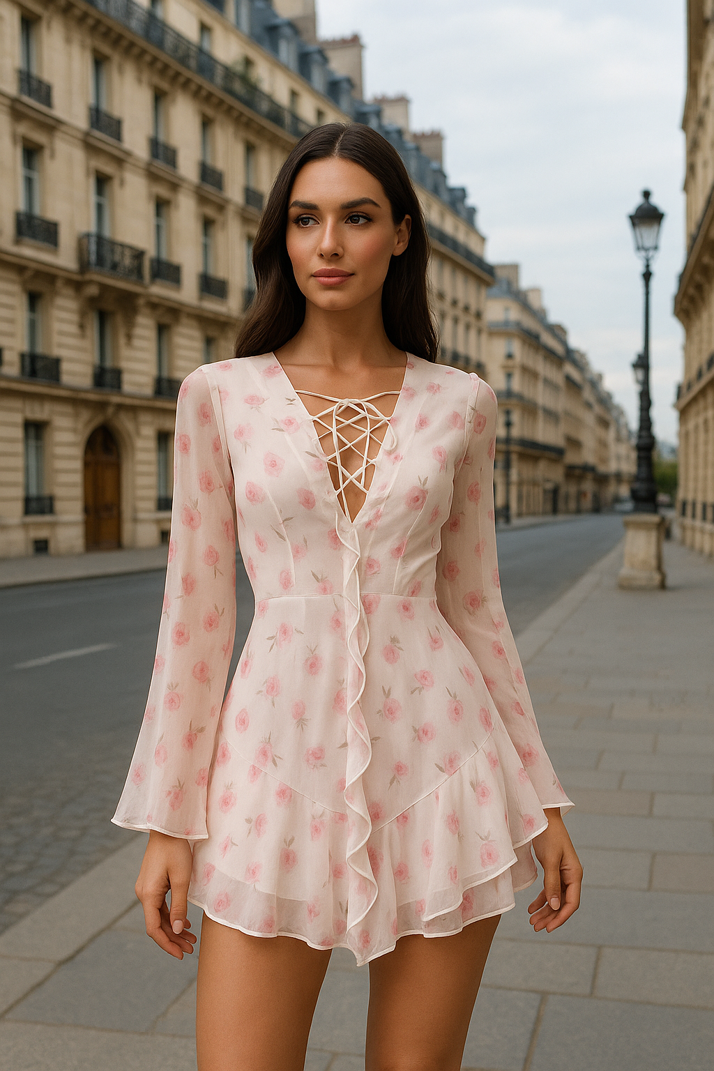 UV Atelier – Elegant V-Neck Long-Sleeve Ruffle Mini Dress