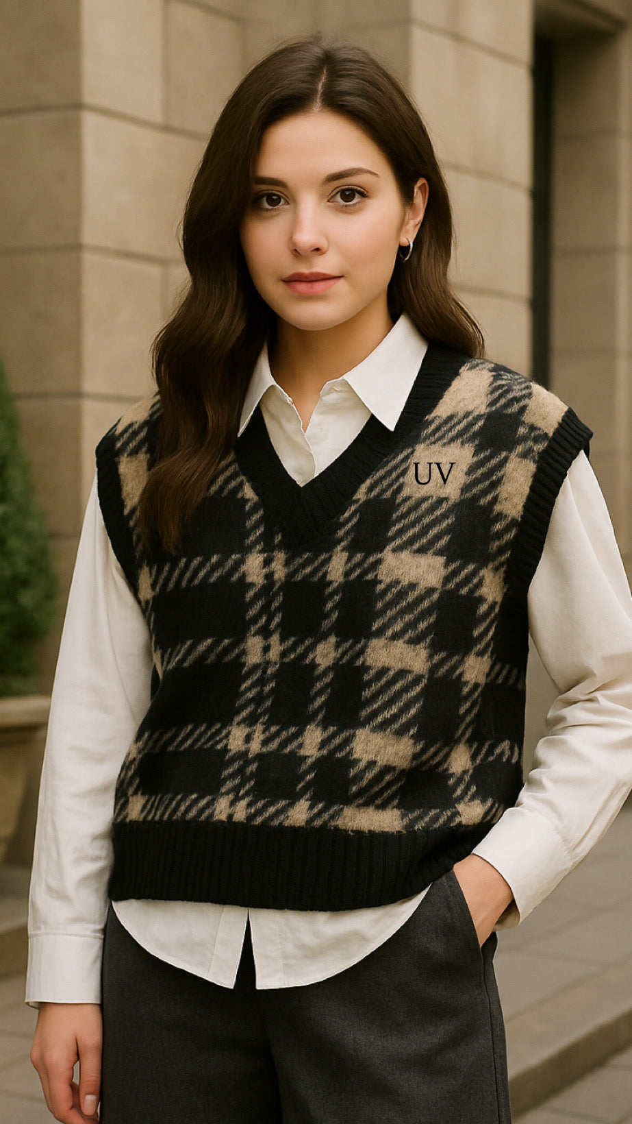 UV Atelier – Plaid Knit Cardigan | Cozy Winter V-Neck Sweater