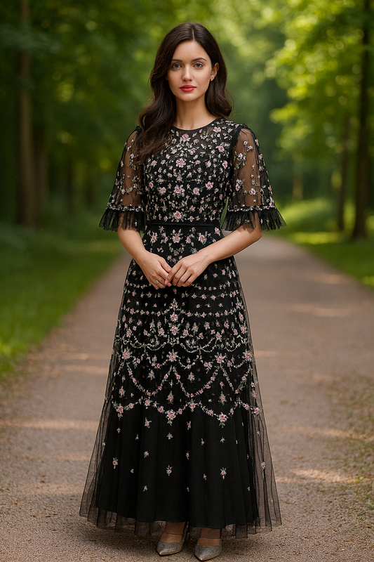 UV ATELIER Luxe Embroidered Flutter-Sleeve Dress