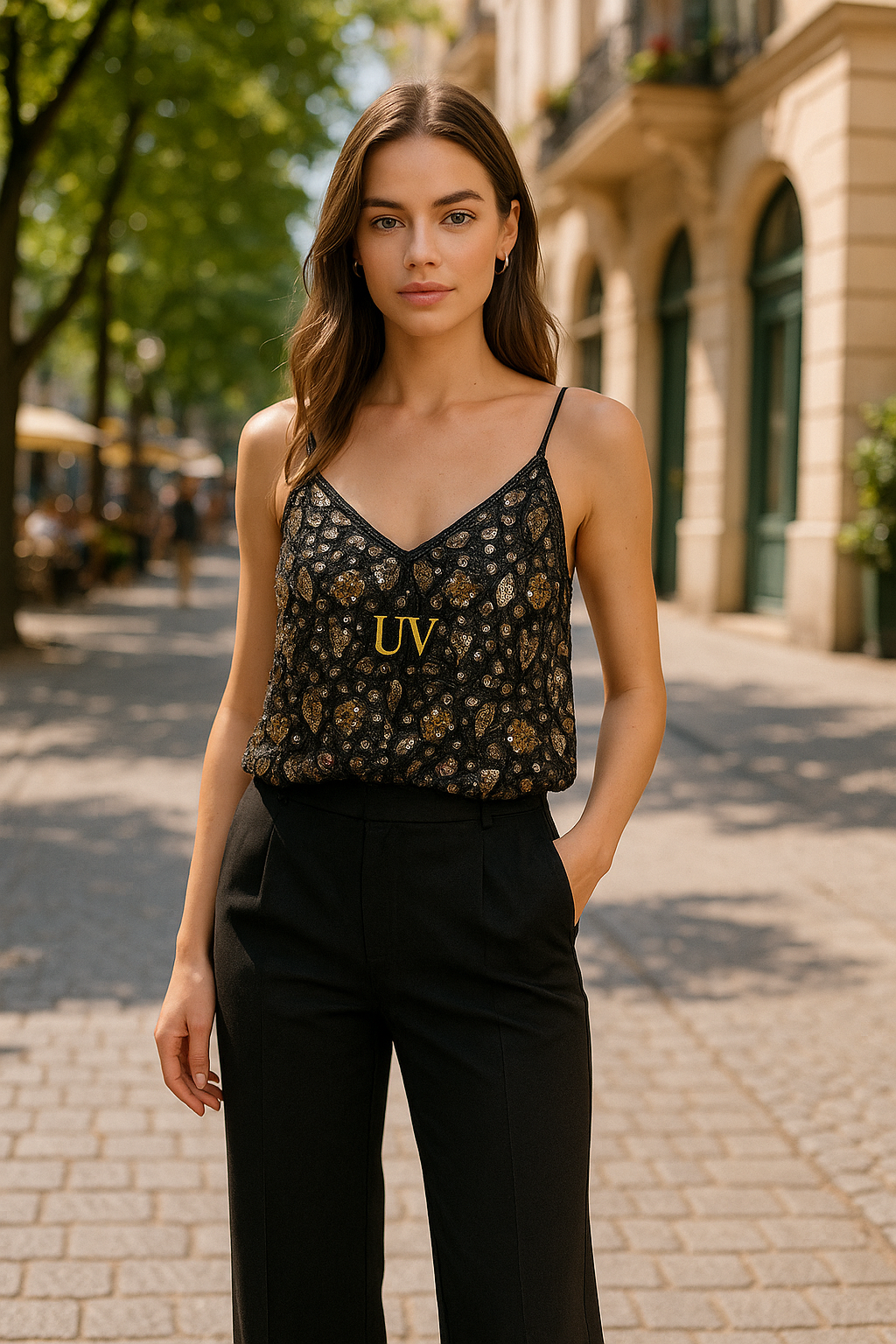 UV ATELIER Sparkle V-Neck Sequin Slip Tank