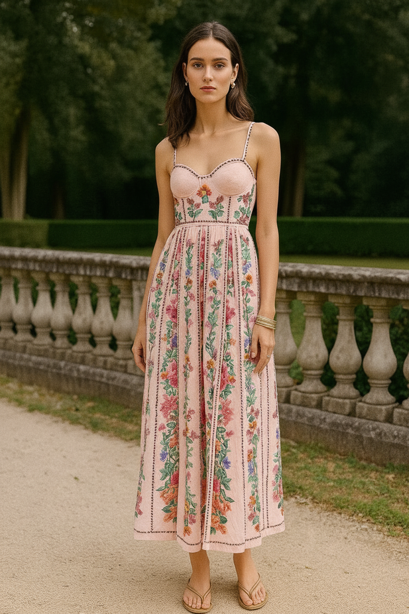 UV Atelier – Floral Printed Backless Long Dress – Spaghetti Strap High-Waist Gown