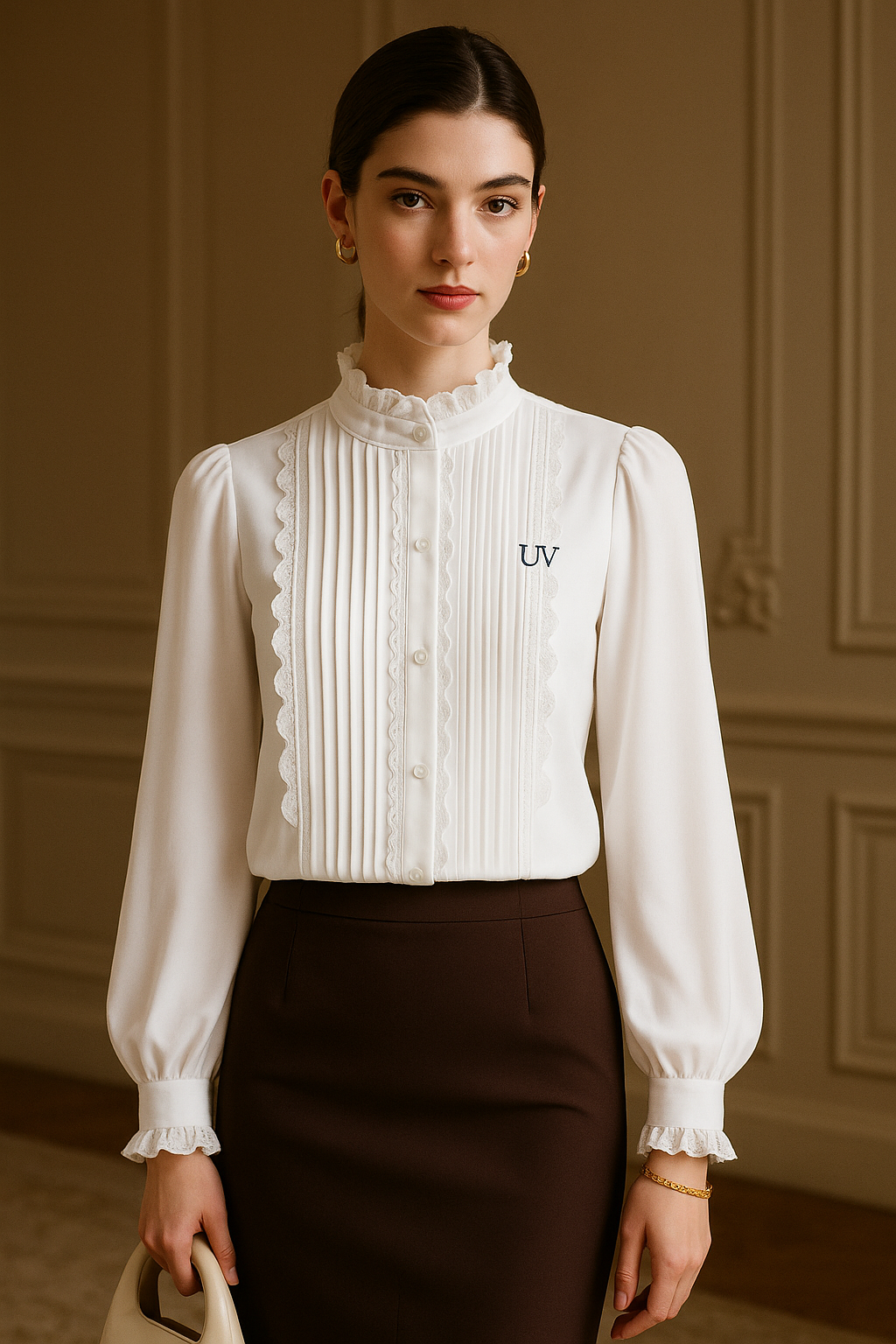 UV ATELIER – SuyaDream Premium Mulberry Silk Ruffled Stand-Collar Blouse