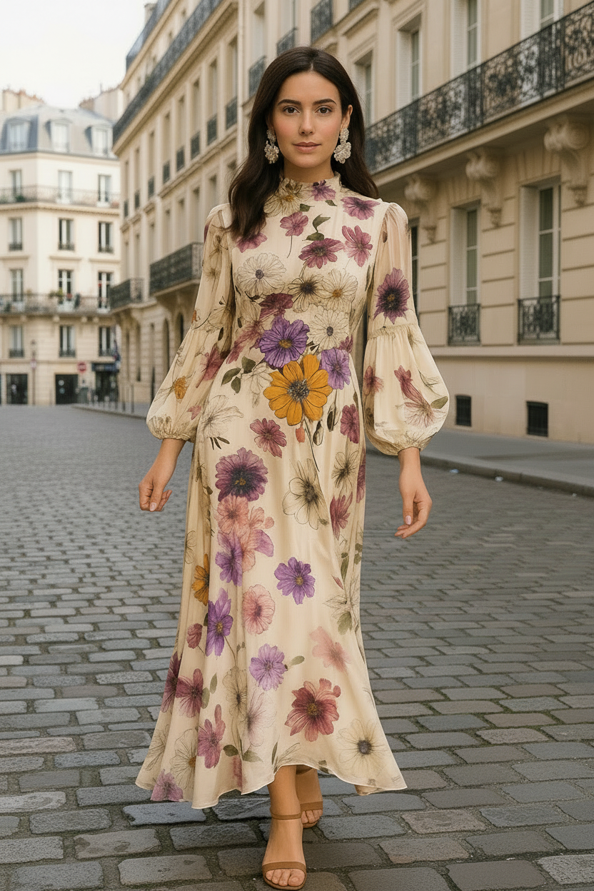 UV Atelier – Floral Chiffon Long-Sleeve Dress