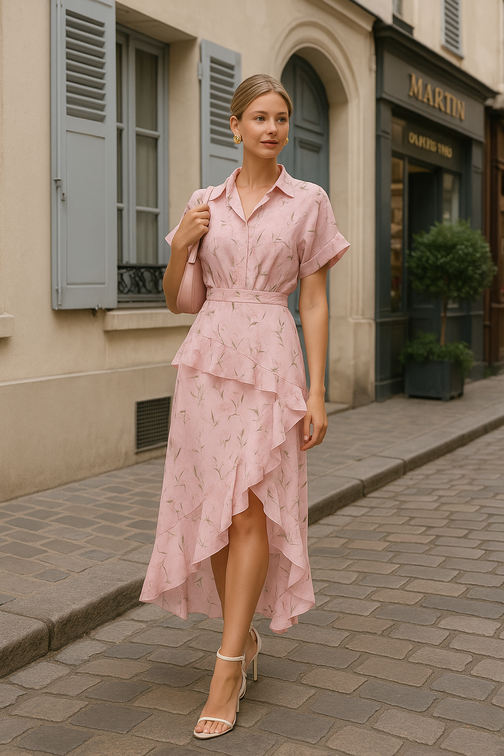 UV Atelier – Elegant Floral Lapel Ruffle Shirt Dress