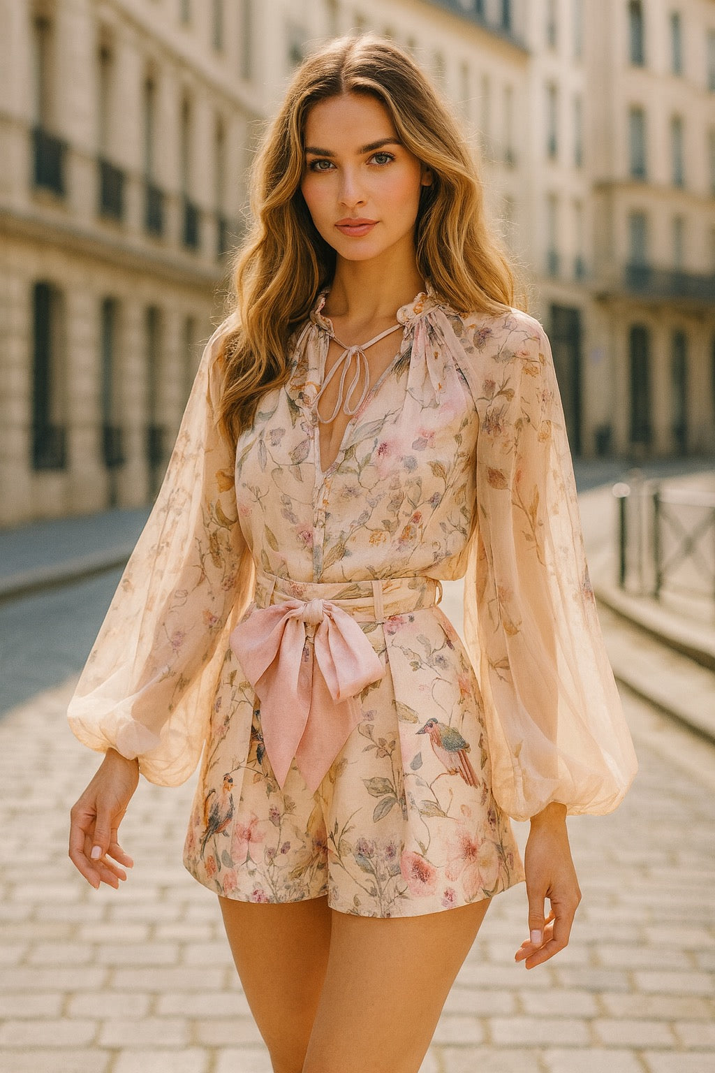 UV Atelier – Floral & Bird Print Long-Sleeve Blouse and Shorts Set