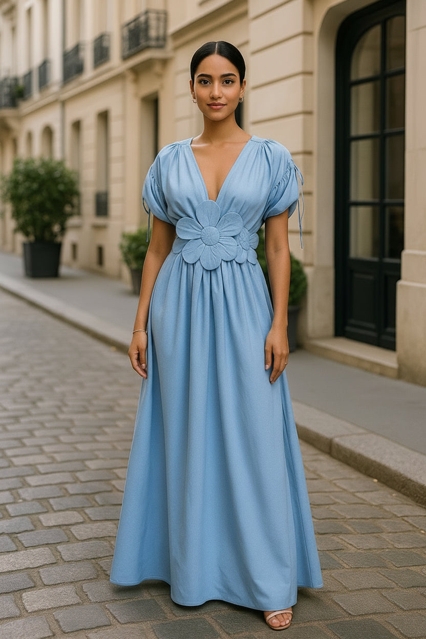 UV Atelier – Elegant Blue V-Neck Maxi Dress