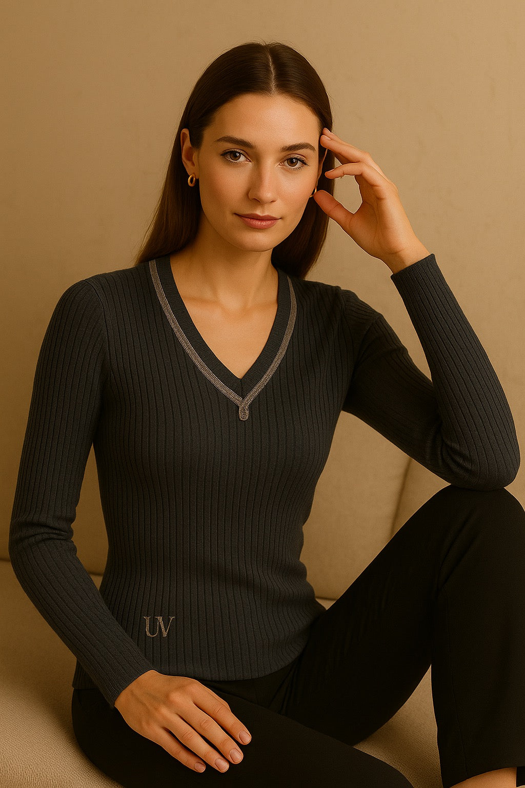 UV Atelier – Merino Wool Knit V-Neck Sweater with Pearl Detailing