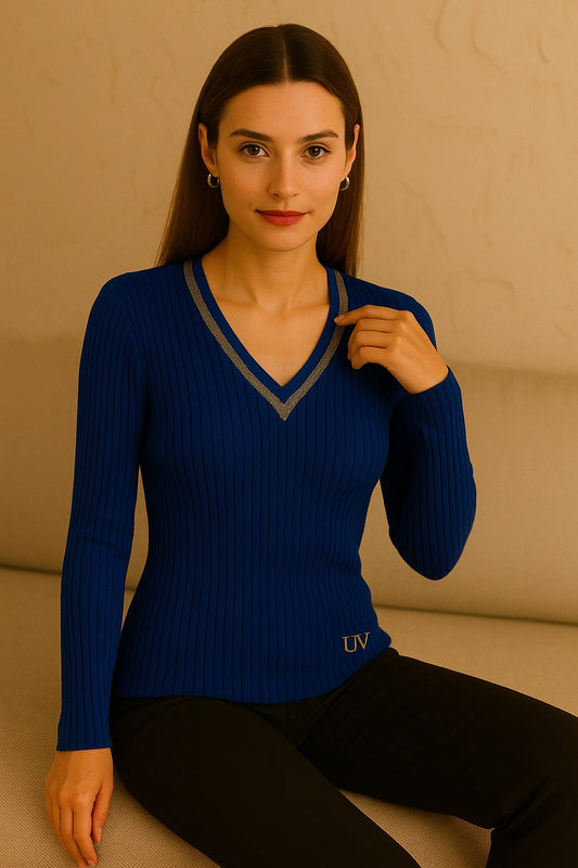 UV Atelier – Merino Wool Knit V-Neck Sweater with Pearl Detailing