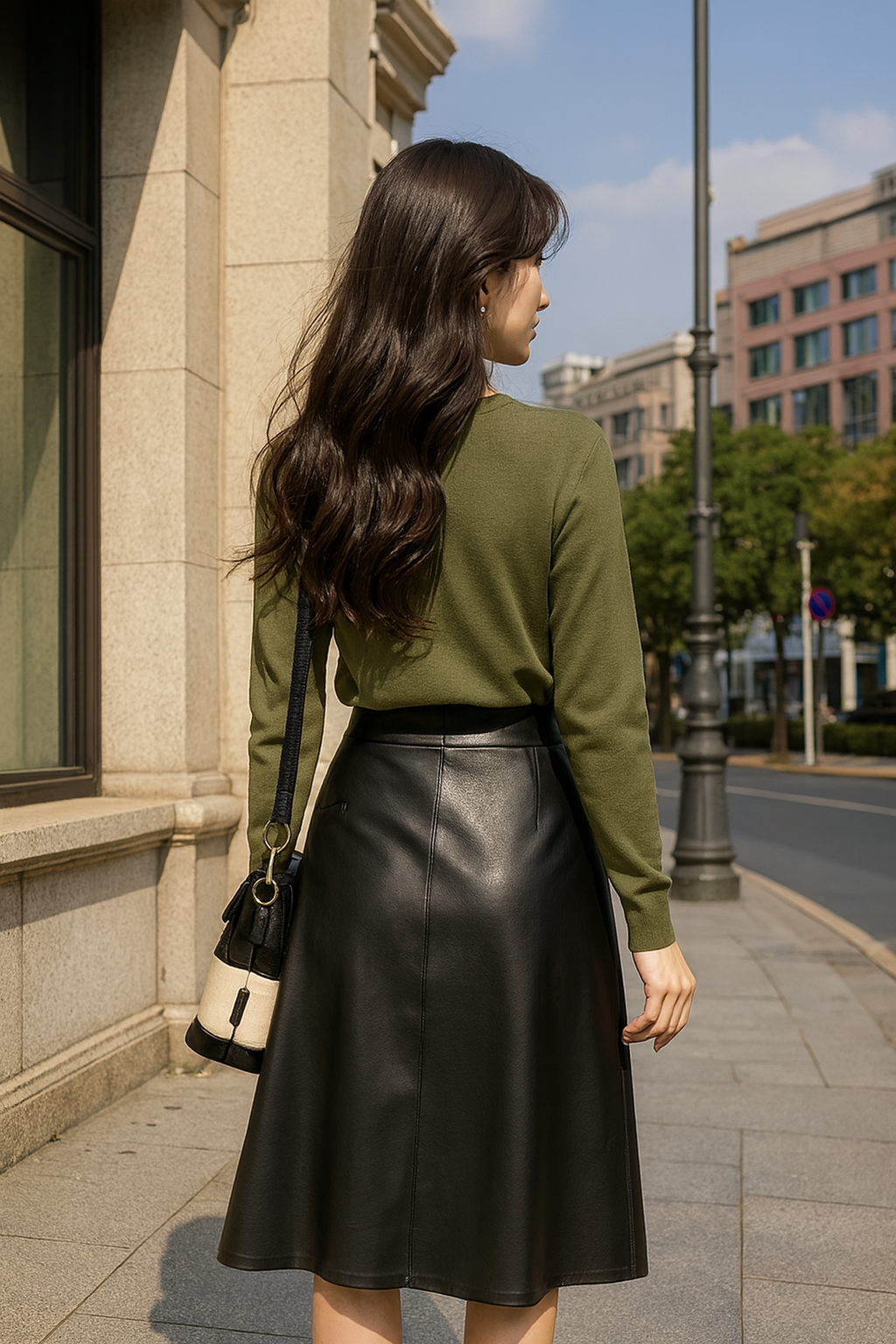 UV ATELIER Vintage-Inspired Leather Midi Skirt