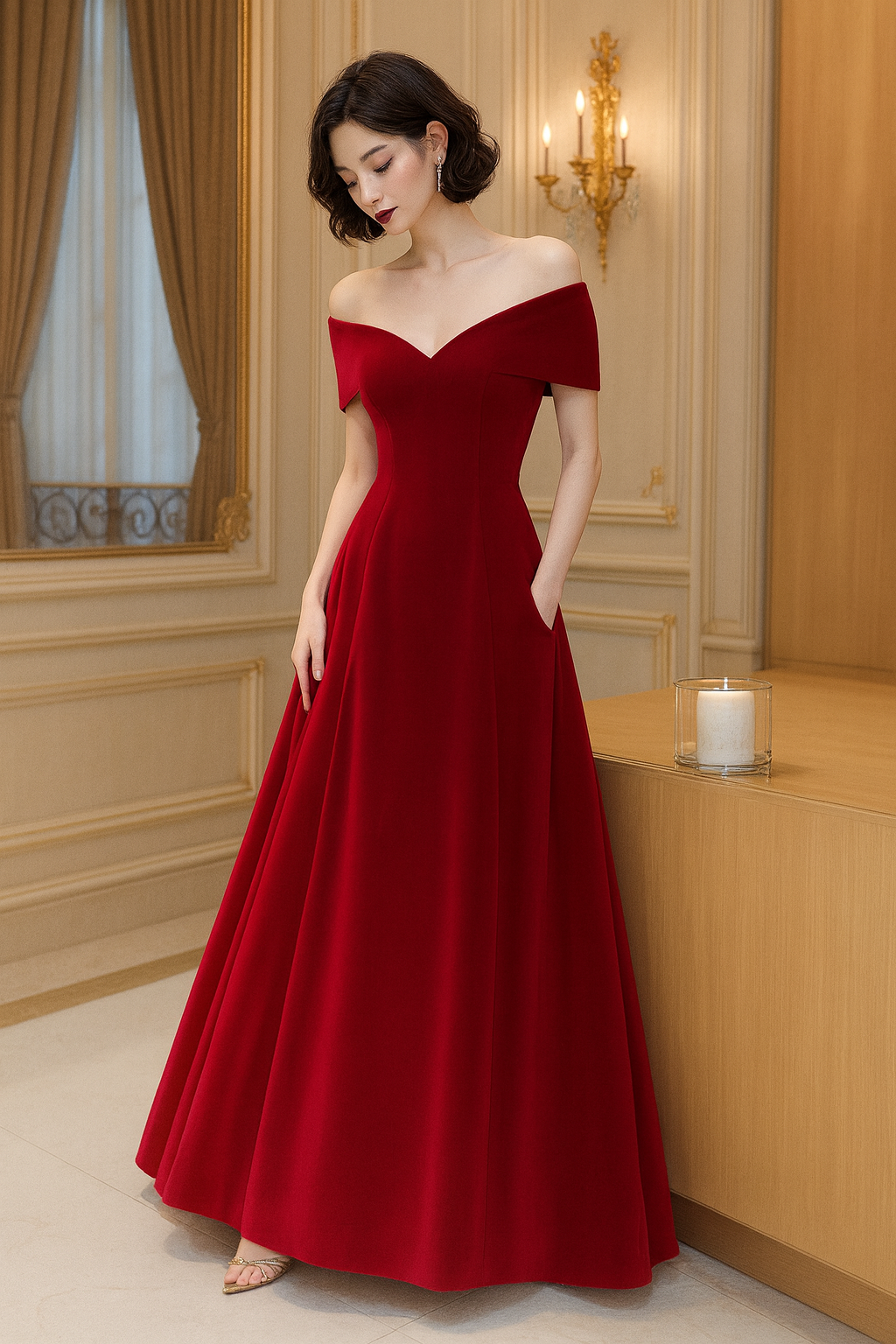 UV ATELIER – Spring Long Velvet Off-Shoulder Evening Dress