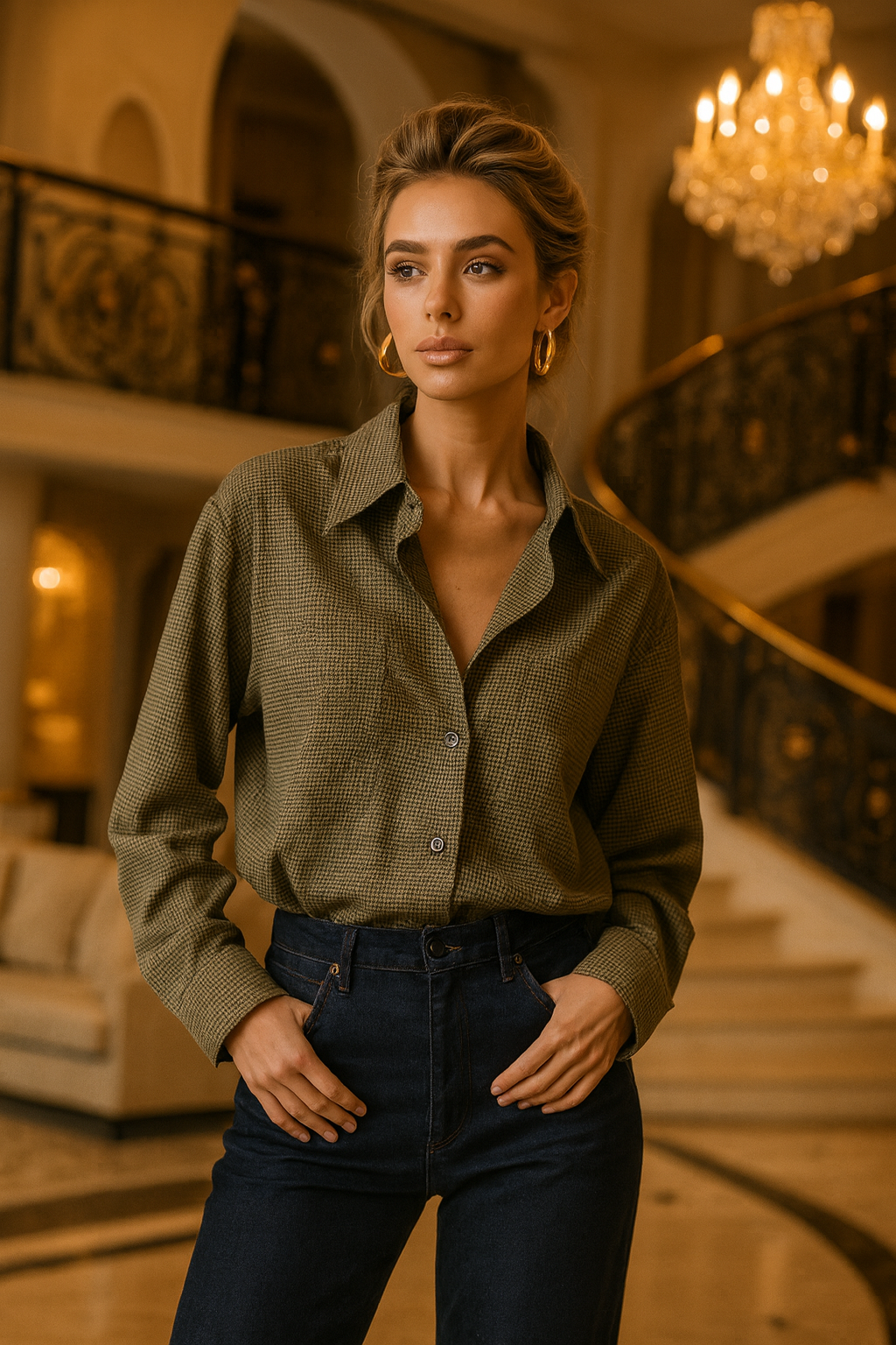 UV ATELIER – Chic Green Plaid Single-Breasted Shirt