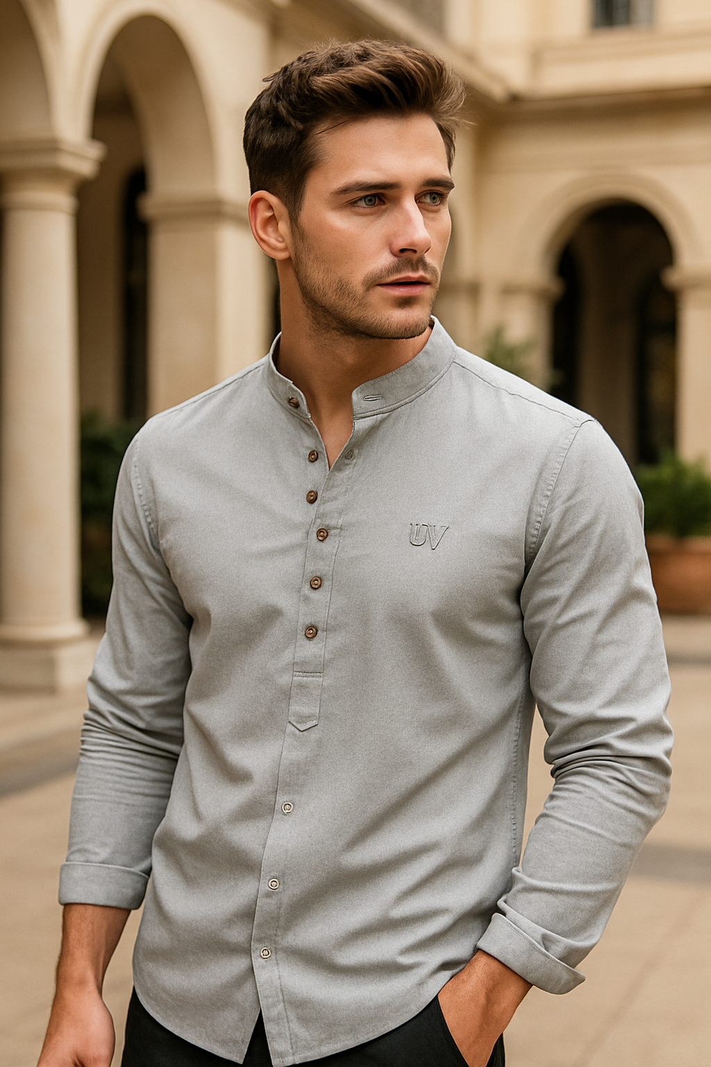 UV ATELIER – Men’s Linen Cotton Stand-Collar Shirt