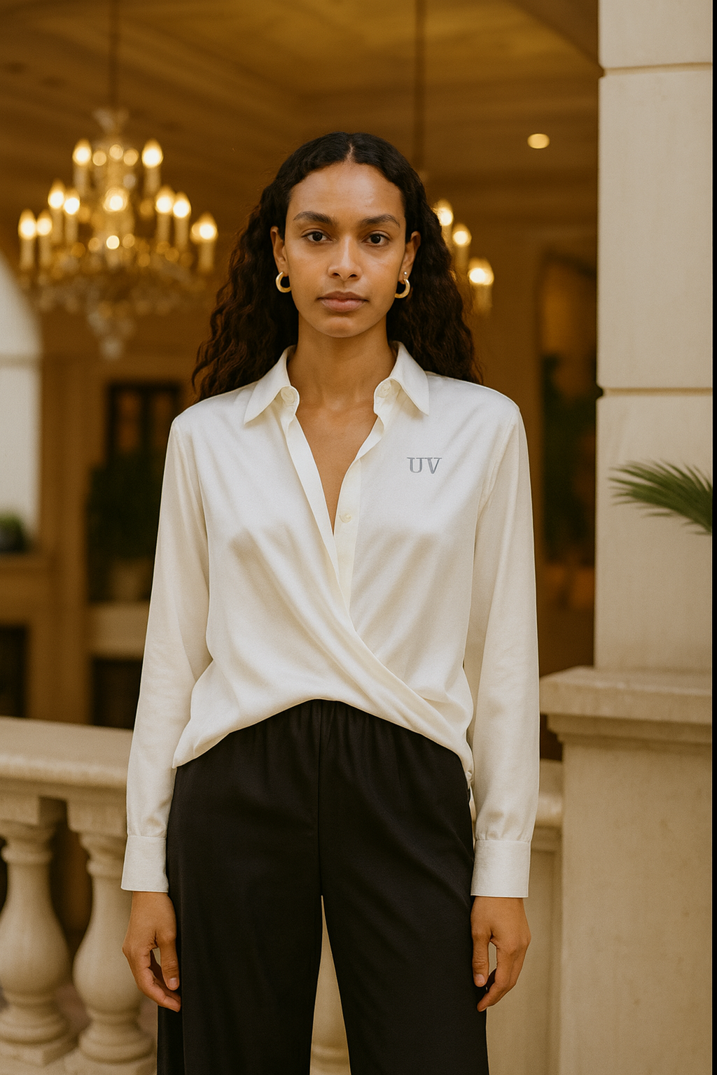 UV ATELIER Silk Stand-Collar Ruffle Blouse