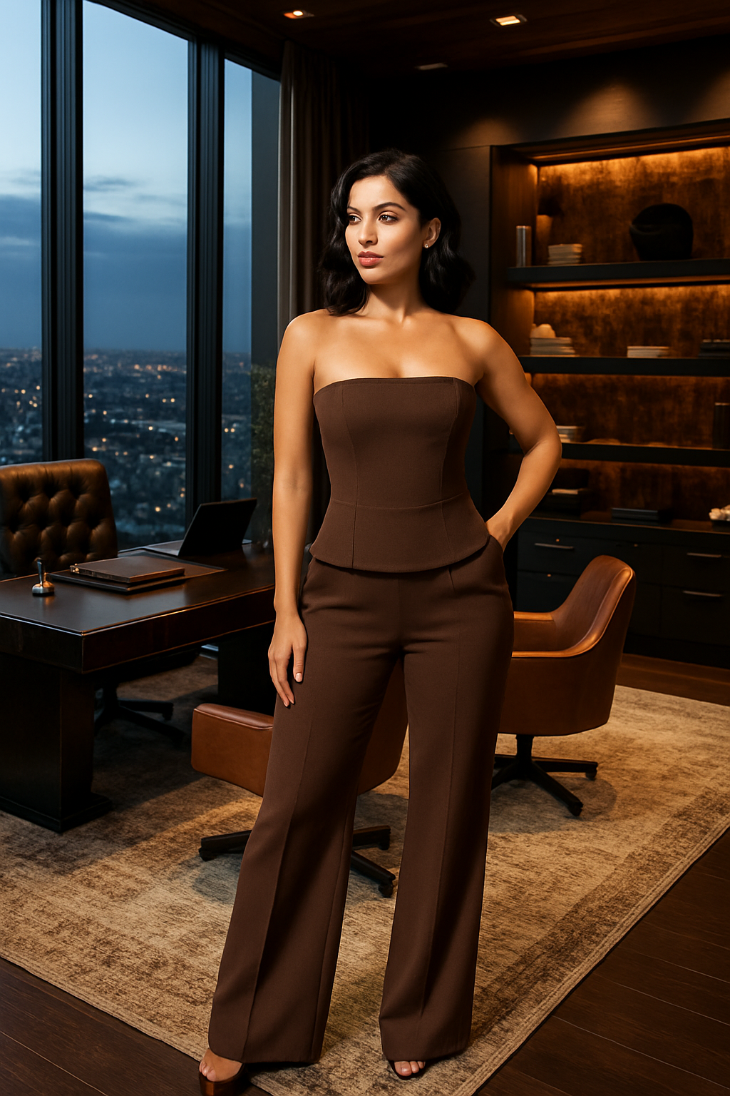UV ATELIER Luxe Brown Satin Bandeau Top – Street-Chic Fall 2025