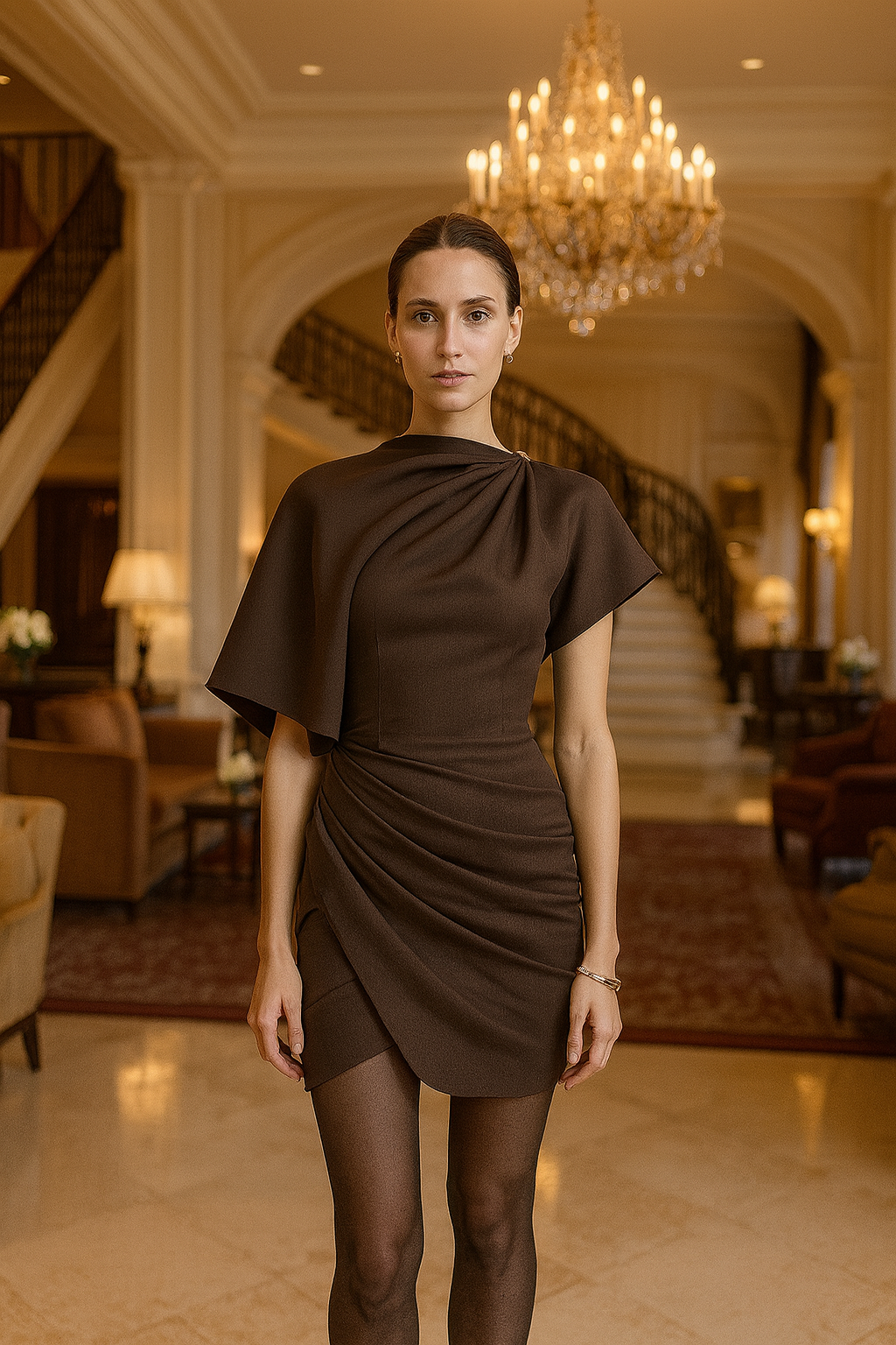UV ATELIER Elegant Pleated Button Wrap Dress