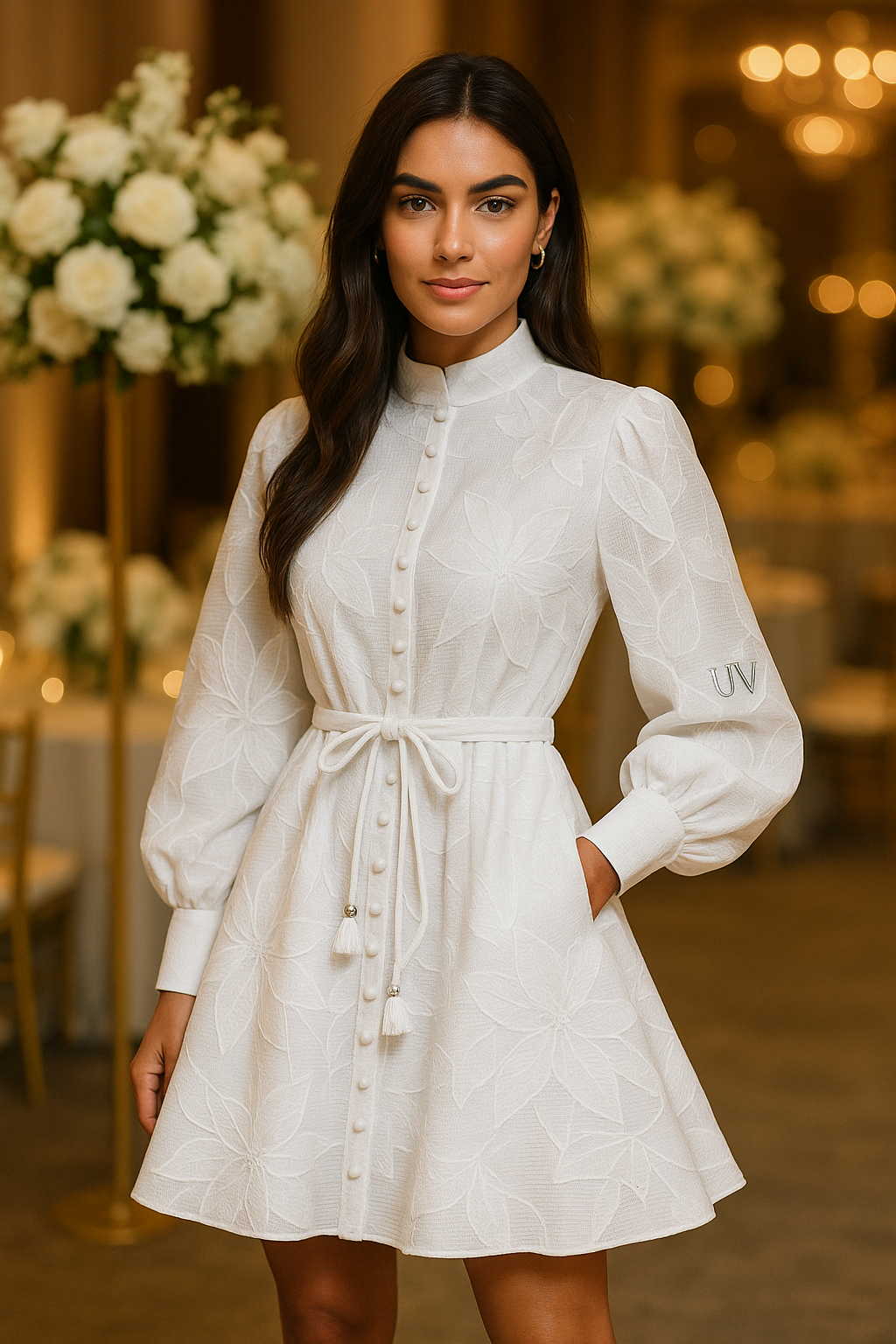 UV ATELIER Elegant Embroidered Mini Dress with Belt