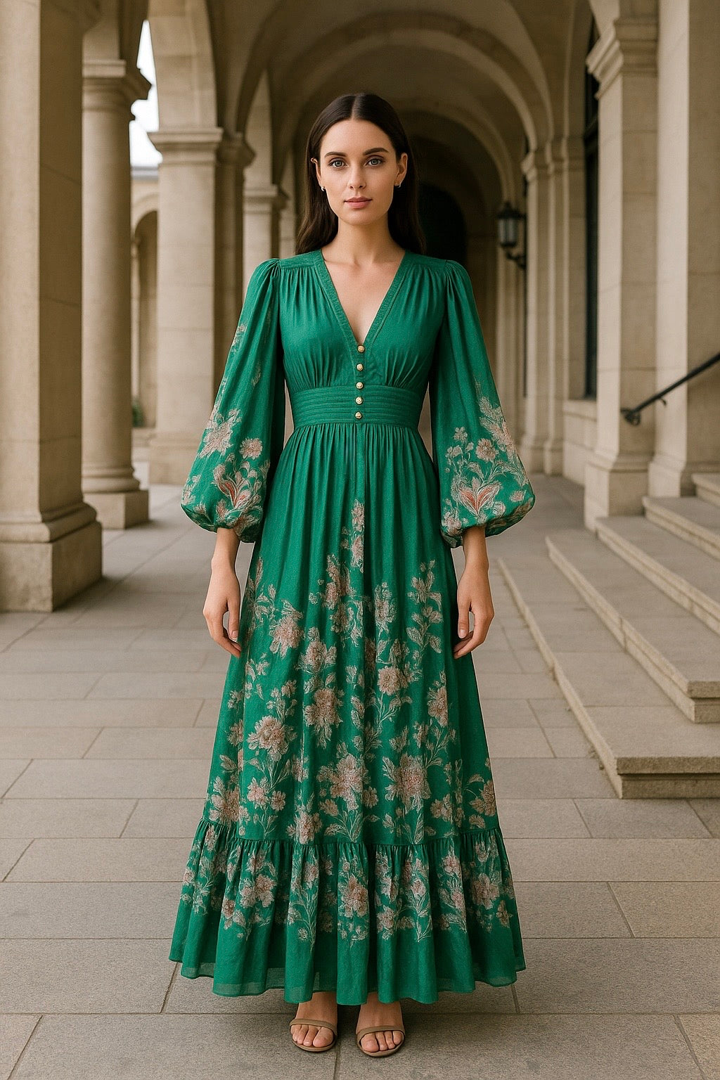 UV Atelier – Cotton Long-Sleeve Dark Green Floral V-Neck Midi Dress