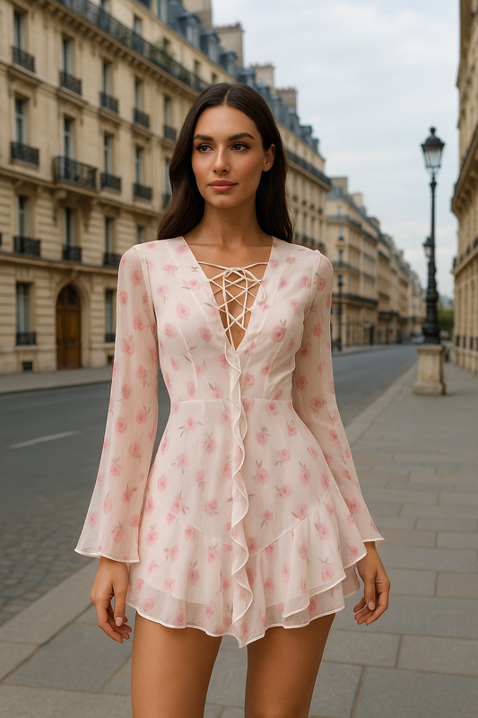 UV Atelier – Elegant V-Neck Long-Sleeve Ruffle Mini Dress