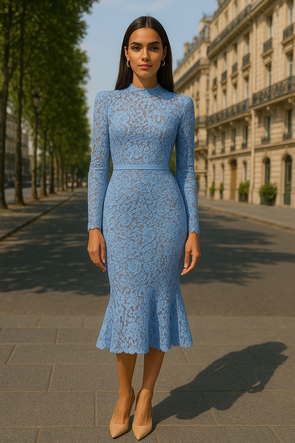 UV ATELIER Embroidered Lace Mermaid Midi Dress