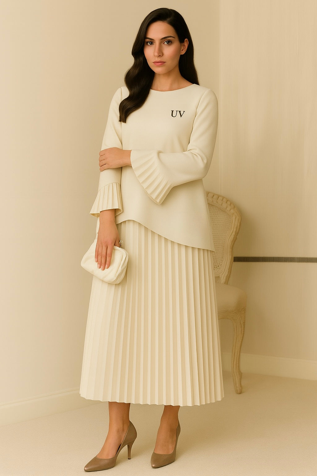 UV Atelier – Two-Piece Modest Set – Elegant Top & Pleated Long Skirt