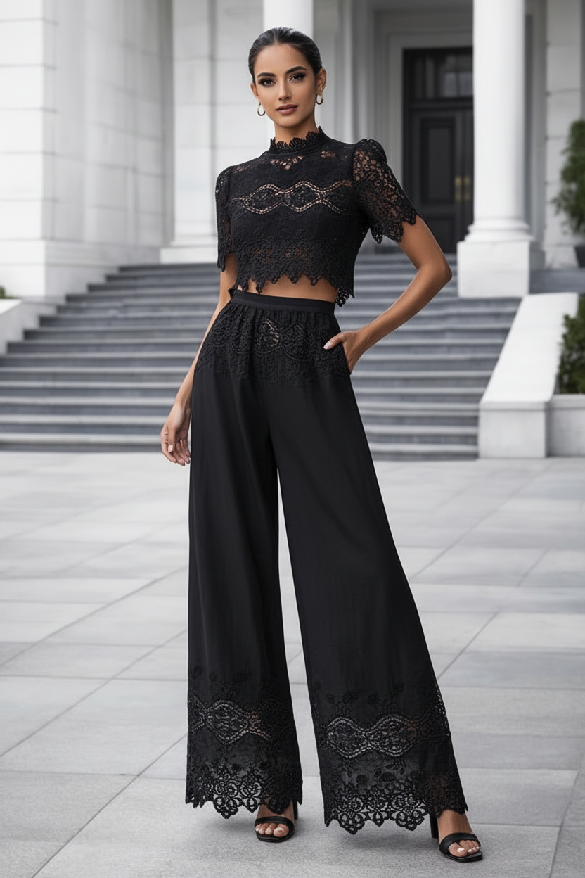 UV Atelier – Lace Embroidered Crop Top & Flowy Wide-Leg Pants Set