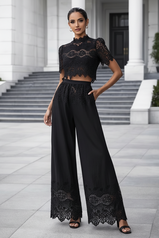 UV Atelier – Lace Embroidered Crop Top & Flowy Wide-Leg Pants Set