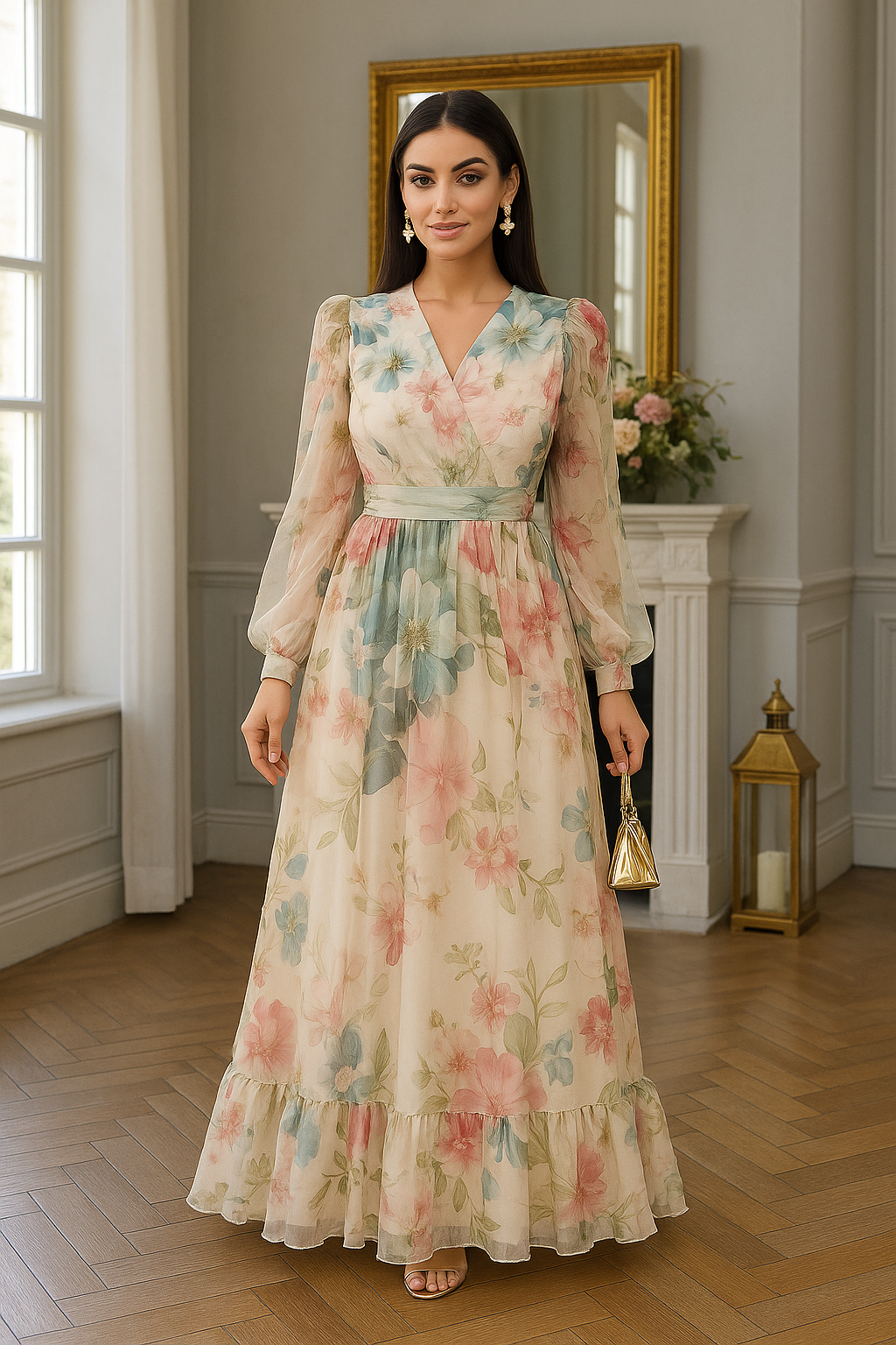 UV Atelier – Floral V-Neck Lantern Sleeve Maxi Dress