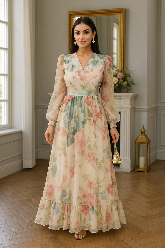 UV Atelier – Floral V-Neck Lantern Sleeve Maxi Dress
