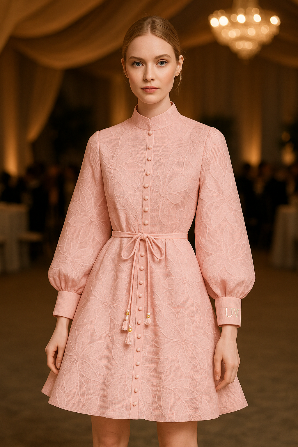 UV ATELIER Elegant Embroidered Mini Dress with Belt