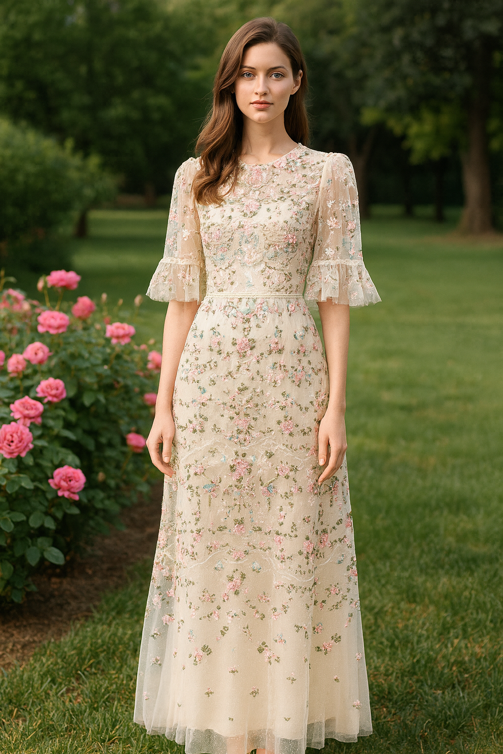 UV ATELIER Luxe Embroidered Flutter-Sleeve Dress