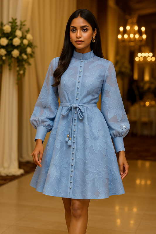 UV ATELIER Elegant Embroidered Mini Dress with Belt