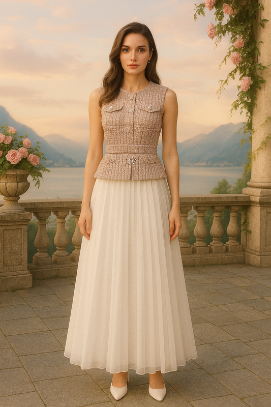 UV ATELIER Tweed & Chiffon Pleated Elegant Dress