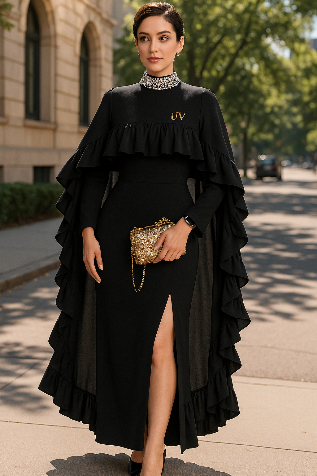 UV ATELIER Shimmer Split Skirt & Elegant Cape Set