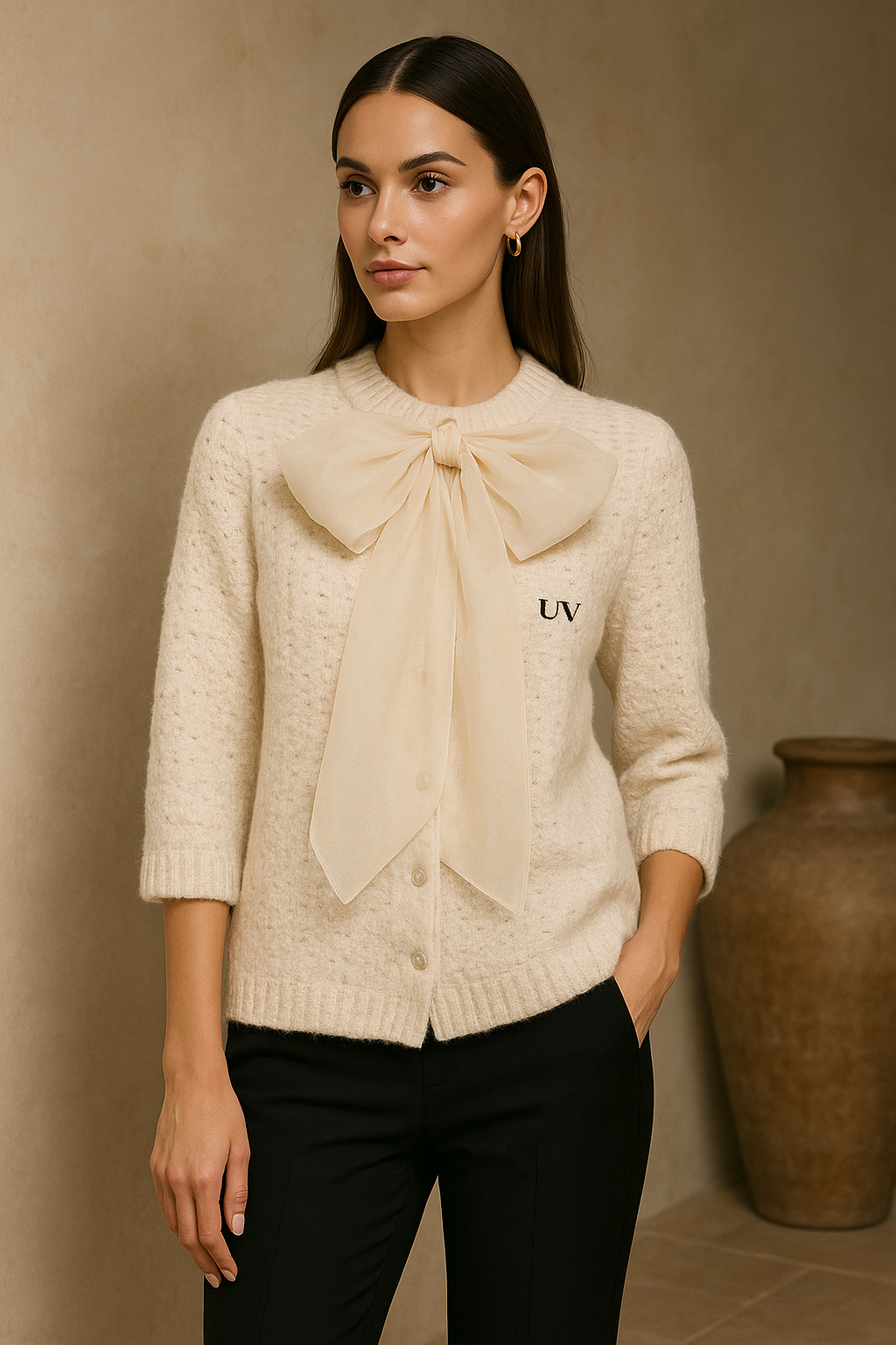 UV Atelier – Elegant Bow-Detail Structured Knit Cardigan