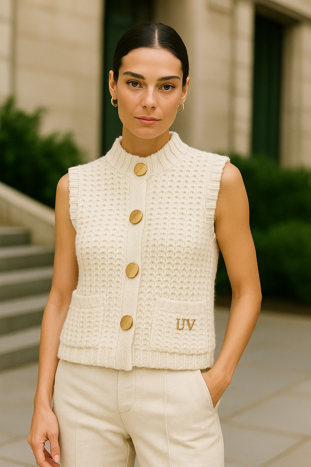 UV Atelier – Cropped Knit Waistcoat with Gold Buttons