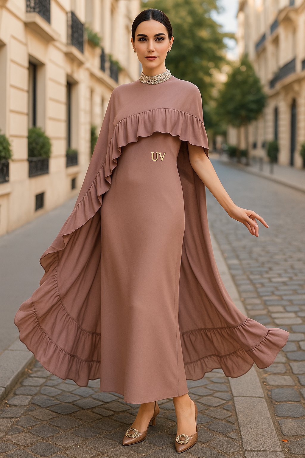 UV ATELIER Shimmer Split Skirt & Elegant Cape Set