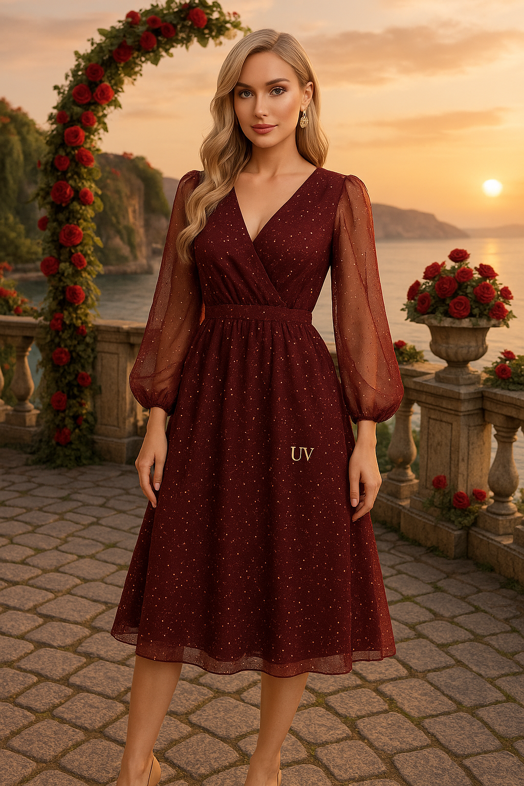 UV ATELIER Opaline Glitter Mesh Sheer V-Neck Dress