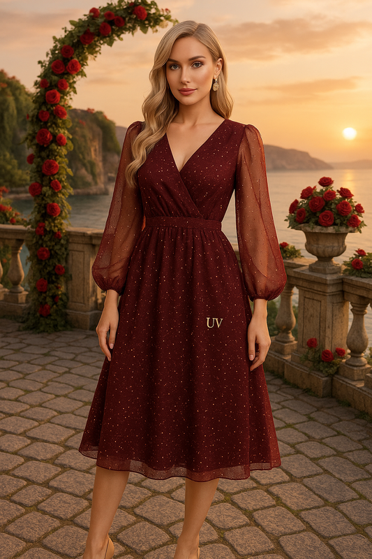 UV ATELIER Opaline Glitter Mesh Sheer V-Neck Dress