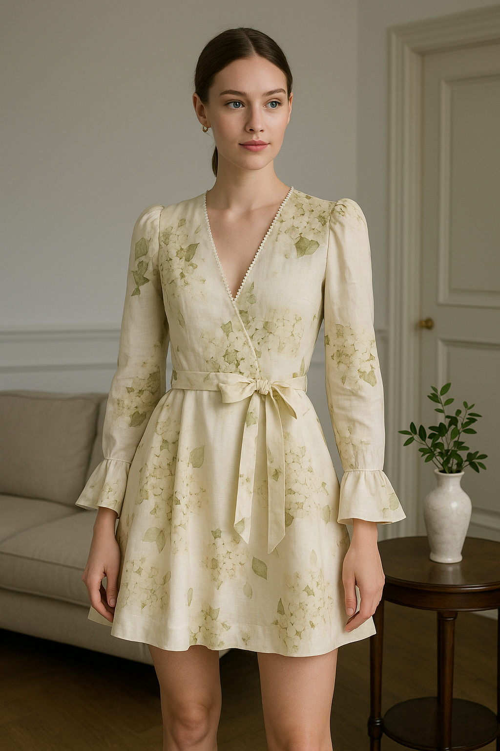 UV atelier — Beige Floral Linen-Silk Mini Dress