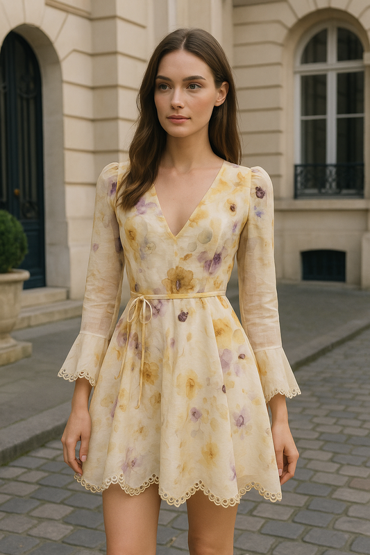 UV Atelier – Floral Embroidered V-Neck Scalloped Mini Dress