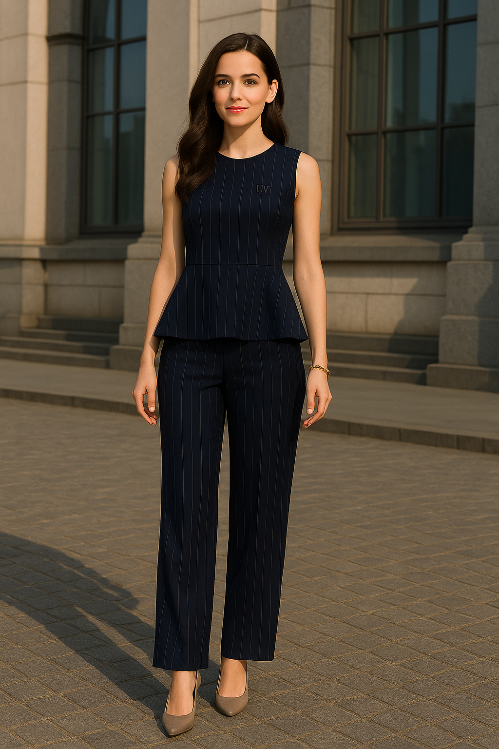 UV Atelier – Pinstripe Sleeveless Vest & Wide-Leg Pantsuit