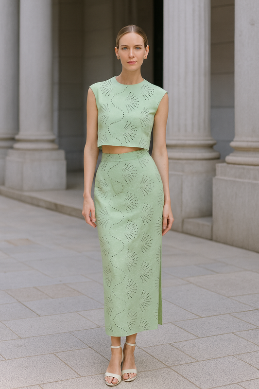 UV Atelier – Elegant Cutwork Embroidery Set: Round-Neck Top & High-Waist Split Skirt