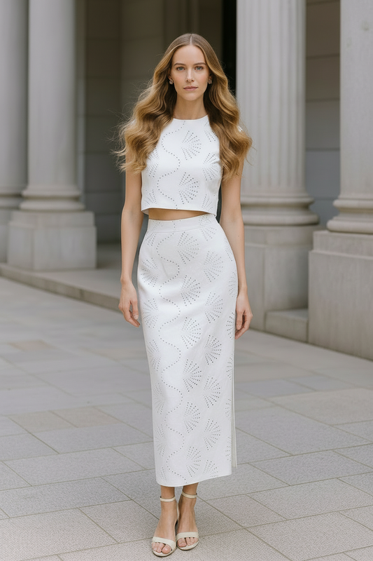 UV Atelier – Elegant Cutwork Embroidery Set: Round-Neck Top & High-Waist Split Skirt