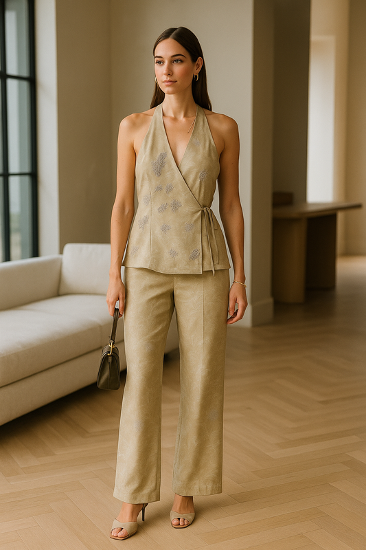 UV Atelier - Elegant Bead-Embroidered Backless Pants Set