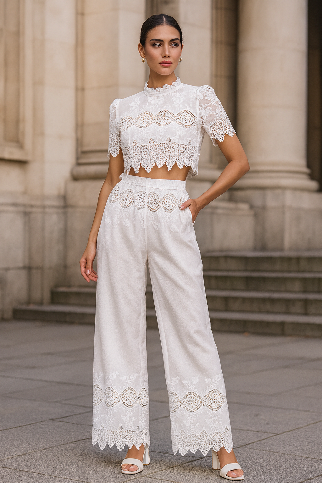 UV Atelier – Lace Embroidered Crop Top & Flowy Wide-Leg Pants Set