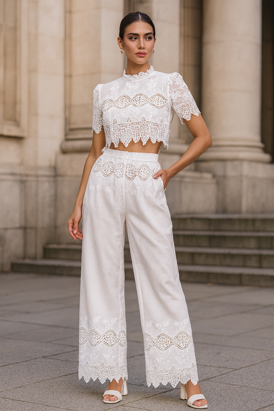 UV Atelier – Lace Embroidered Crop Top & Flowy Wide-Leg Pants Set