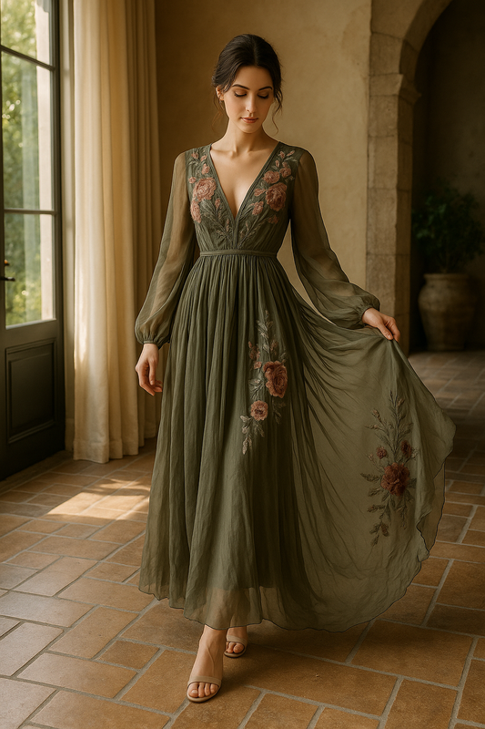 UV Atelier – Boho Floral V-Neck Long Sleeve Dress