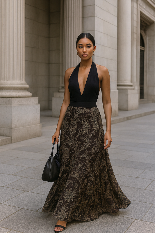 UV Atelier – Vintage Printed Ruffle Pleated Midi Skirt